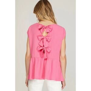 NEW SHE + SKY Pink Linen Blend Bow Back Peplum Top Size Small (oversized)